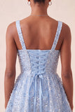 Robe de rentrée bleu bleu A-line à col carré lacet remonté dans le dos avec paillettes