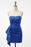 Robe de balaison bleu royal bleu bretelle en satin avec dentelle à perles et froncés à la maison avec une ceinture