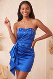 Robe de balaison bleu royal bleu bretelle en satin avec dentelle à perles et froncés à la maison avec une ceinture