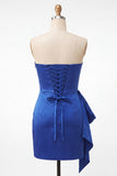 Robe de balaison bleu royal bleu bretelle en satin avec dentelle à perles et froncés à la maison avec une ceinture