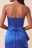 Robe de balaison bleu royal bleu bretelle en satin avec dentelle à perles et froncés à la maison avec une ceinture