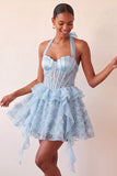 Robe de rentrée à la maison à col nu, ligne A-line vert menthe, corset transparent fleuri à volants, avec dentelle dans le dos