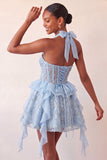 Robe de rentrée à la maison à col nu, ligne A-line vert menthe, corset transparent fleuri à volants, avec dentelle dans le dos