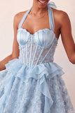 Robe de rentrée à la maison à col nu, ligne A-line vert menthe, corset transparent fleuri à volants, avec dentelle dans le dos