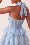 Robe de rentrée à la maison à col nu, ligne A-line vert menthe, corset transparent fleuri à volants, avec dentelle dans le dos