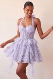Robe de rentrée à la maison à col nu, ligne A-line vert menthe, corset transparent fleuri à volants, avec dentelle dans le dos