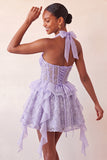 Robe de rentrée à la maison à col nu, ligne A-line vert menthe, corset transparent fleuri à volants, avec dentelle dans le dos