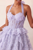 Robe de rentrée à la maison à col nu, ligne A-line vert menthe, corset transparent fleuri à volants, avec dentelle dans le dos