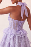Robe de rentrée à la maison à col nu, ligne A-line vert menthe, corset transparent fleuri à volants, avec dentelle dans le dos
