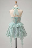 Robe de rentrée à la maison à col nu, ligne A-line vert menthe, corset transparent fleuri à volants, avec dentelle dans le dos