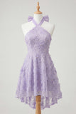 Robe de retour à la maison à col lilas ligne A-line Pearls florale haute basse avec dentelle dans le dos
