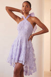 Robe de retour à la maison à col lilas ligne A-line Pearls florale haute basse avec dentelle dans le dos