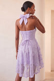 Robe de retour à la maison à col lilas ligne A-line Pearls florale haute basse avec dentelle dans le dos