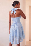 Robe de retour à la maison à col lilas ligne A-line Pearls florale haute basse avec dentelle dans le dos