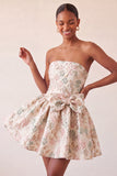 Robe de bal de fin d’année bleue poussiéreuse en anneaux jacquard en dentelle florale avec nœud