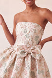 Robe de bal de fin d’année bleue poussiéreuse en anneaux jacquard en dentelle florale avec nœud