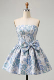 Robe de bal de fin d’année bleue poussiéreuse en anneaux jacquard en dentelle florale avec nœud