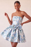 Robe de bal de fin d’année bleue poussiéreuse en anneaux jacquard en dentelle florale avec nœud