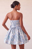 Robe de bal de fin d’année bleue poussiéreuse en anneaux jacquard en dentelle florale avec nœud