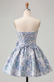 Robe de bal de fin d’année bleue poussiéreuse en anneaux jacquard en dentelle florale avec nœud
