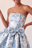 Robe de bal de fin d’année bleue poussiéreuse en anneaux jacquard en dentelle florale avec nœud