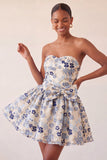 Robe de bal de fin d’année bleue poussiéreuse en anneaux jacquard en dentelle florale avec nœud