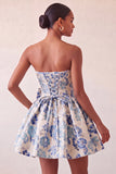 Robe de bal de fin d’année bleue poussiéreuse en anneaux jacquard en dentelle florale avec nœud