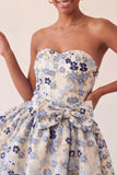 Robe de bal de fin d’année bleue poussiéreuse en anneaux jacquard en dentelle florale avec nœud