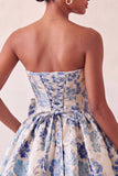 Robe de bal de fin d’année bleue poussiéreuse en anneaux jacquard en dentelle florale avec nœud