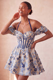 Corset de fin d’année rose rose clair, col nu nu, robe de rentrée fleurie Jasquard, avec dentelle dans le dos