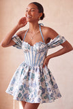Corset de fin d’année rose rose clair, col nu nu, robe de rentrée fleurie Jasquard, avec dentelle dans le dos