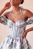 Corset de fin d’année rose rose clair, col nu nu, robe de rentrée fleurie Jasquard, avec dentelle dans le dos