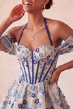 Corset de fin d’année rose rose clair, col nu nu, robe de rentrée fleurie Jasquard, avec dentelle dans le dos
