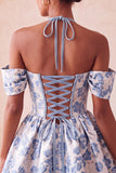 Corset de fin d’année rose rose clair, col nu nu, robe de rentrée fleurie Jasquard, avec dentelle dans le dos