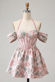 Corset de fin d’année rose rose clair, col nu nu, robe de rentrée fleurie Jasquard, avec dentelle dans le dos