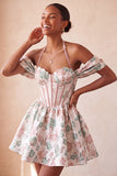 Corset de fin d’année rose rose clair, col nu nu, robe de rentrée fleurie Jasquard, avec dentelle dans le dos