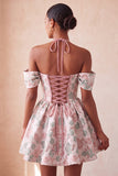 Corset de fin d’année rose rose clair, col nu nu, robe de rentrée fleurie Jasquard, avec dentelle dans le dos