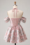 Corset de fin d’année rose rose clair, col nu nu, robe de rentrée fleurie Jasquard, avec dentelle dans le dos