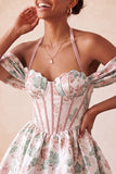 Corset de fin d’année rose rose clair, col nu nu, robe de rentrée fleurie Jasquard, avec dentelle dans le dos
