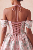 Corset de fin d’année rose rose clair, col nu nu, robe de rentrée fleurie Jasquard, avec dentelle dans le dos