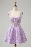 Corset de col carré violet clair, traînée Jacquard à dos et perles à la maison
