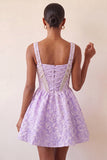 Corset de col carré violet clair, traînée Jacquard à dos et perles à la maison