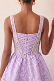 Corset de col carré violet clair, traînée Jacquard à dos et perles à la maison
