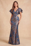 Longue robe formelle à découpe florale sirène Jacquard à col en V bleu marine avec fente