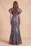 Longue robe formelle à découpe florale sirène Jacquard à col en V bleu marine avec fente