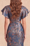 Longue robe formelle à découpe florale sirène Jacquard à col en V bleu marine avec fente