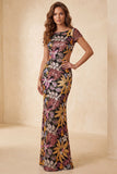 Robe longue formelle longue à découpe florale en sirène noire à col bateau avec paillettes