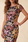 Robe longue formelle longue à découpe florale en sirène noire à col bateau avec paillettes