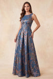 Robe formelle longue longue à col rond et froncés jaququard marine A-Line