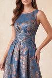 Robe formelle longue longue à col rond et froncés jaququard marine A-Line